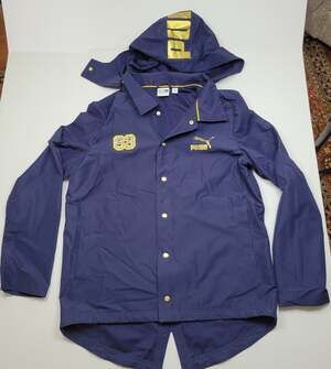 Puma BHM 63 Coaches Jacket Hooded Peacoat Navy Blue Gold Logo Clyde 574192 Small